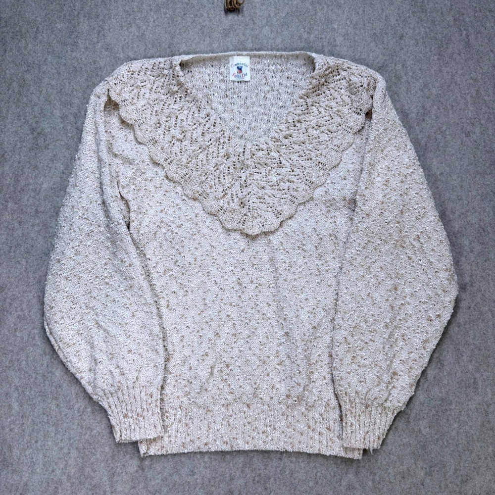 Centennial Knits Ltd Vintage V-Neck Sweater Beige Textured USA Made Grandmacore